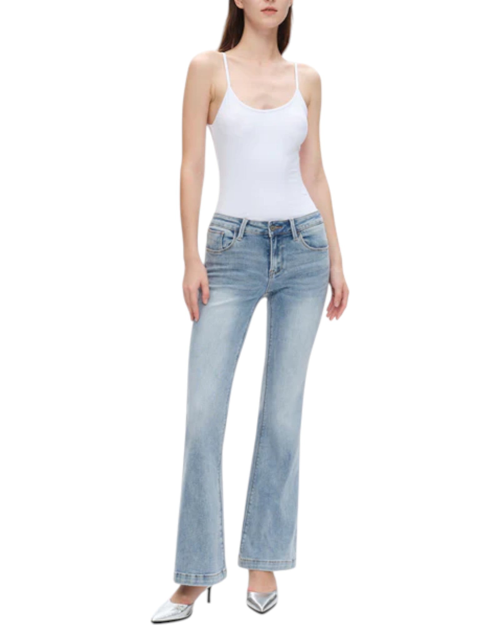  Beach Wash Clean Hem Flare Jeans - Low Rise with light wash and stretchy fit.