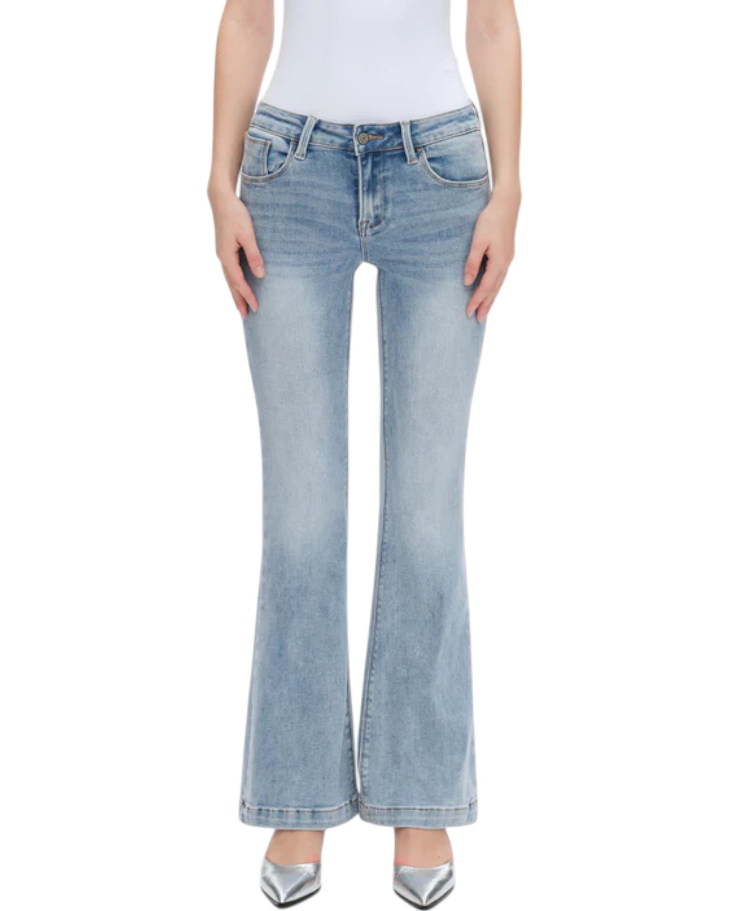  Beach Wash Clean Hem Flare Jeans - Low Rise with light wash and stretchy fit.