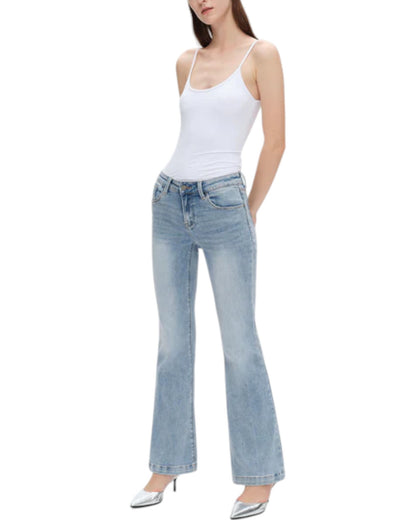  Beach Wash Clean Hem Flare Jeans - Low Rise with light wash and stretchy fit.