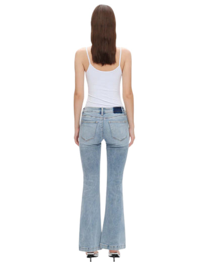 Beach Wash Clean Hem Flare Jeans - Low Rise with light wash and stretchy fit.