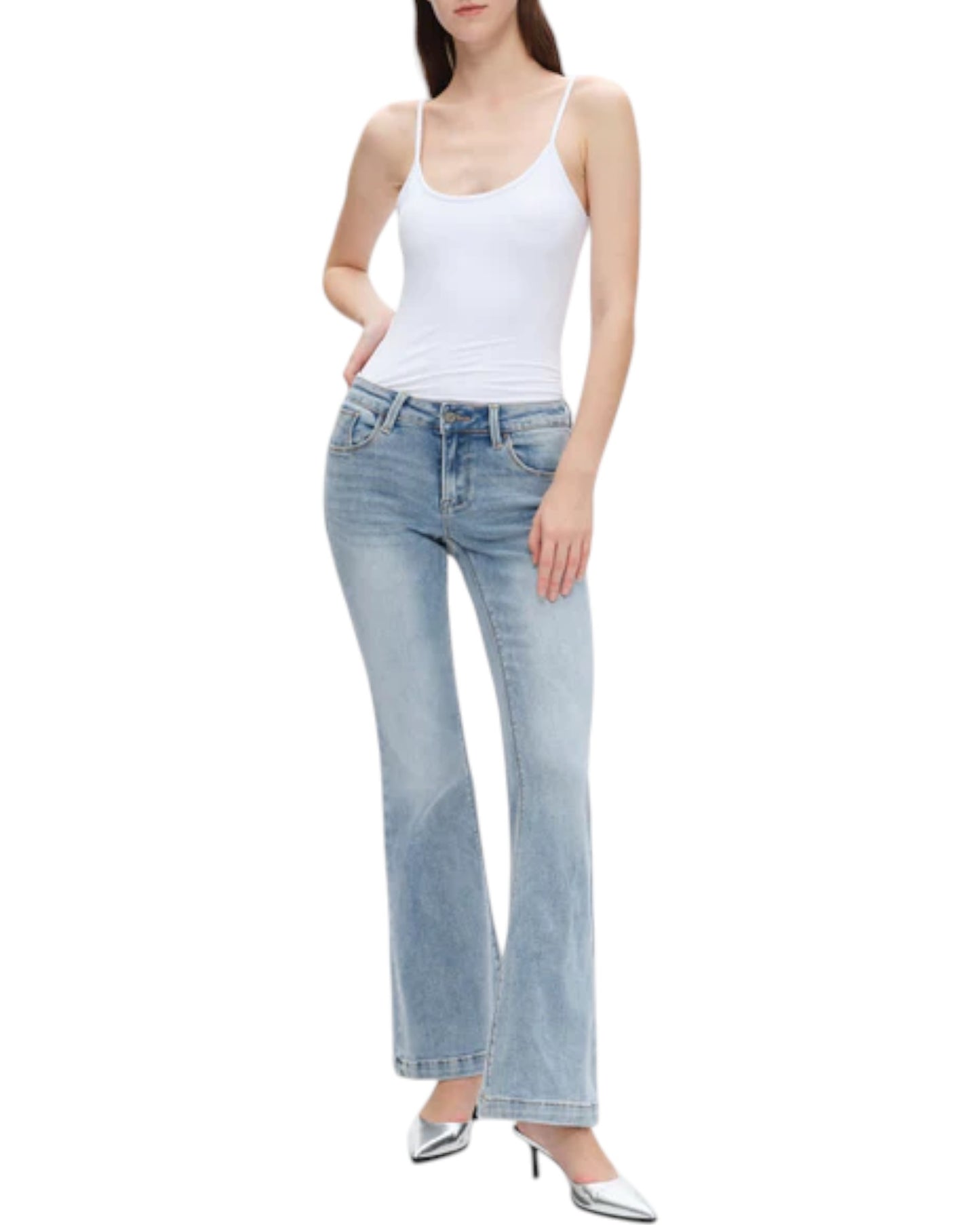 Beach Wash Clean Hem Flare Jeans - Low Rise with light wash and stretchy fit.