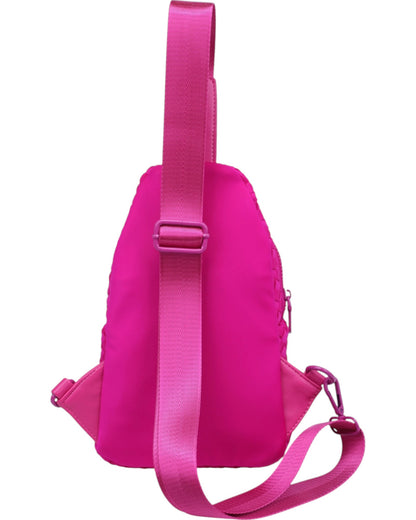 Woven neoprene women's sling backpack in Fuchsia with adjustable strap and zippered compartments.