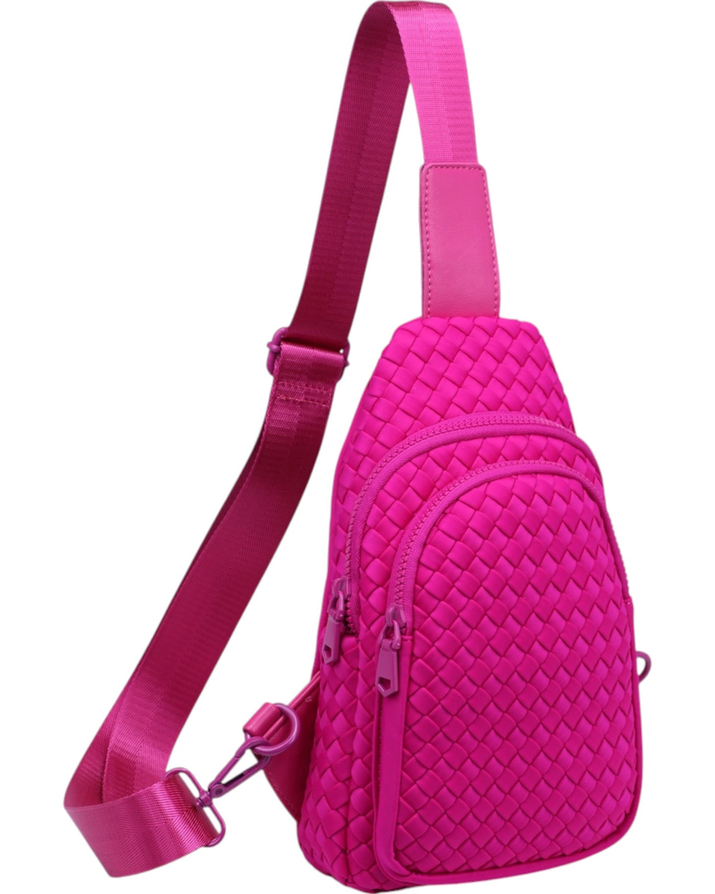 Woven neoprene women's sling backpack in Fuchsia with adjustable strap and zippered compartments.