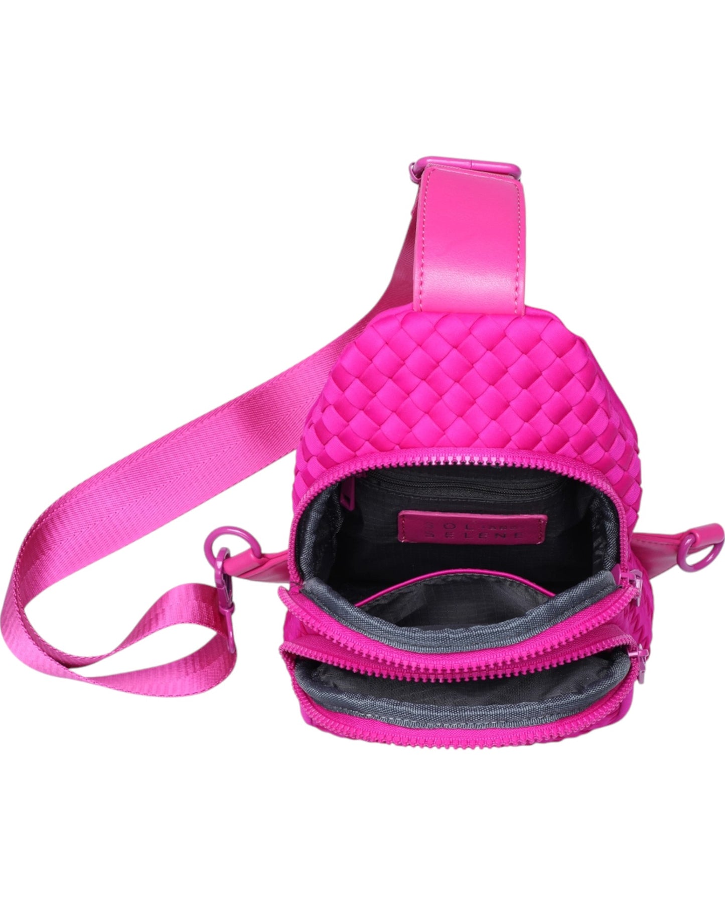 Woven neoprene women's sling backpack in Fuchsia with adjustable strap and zippered compartments.