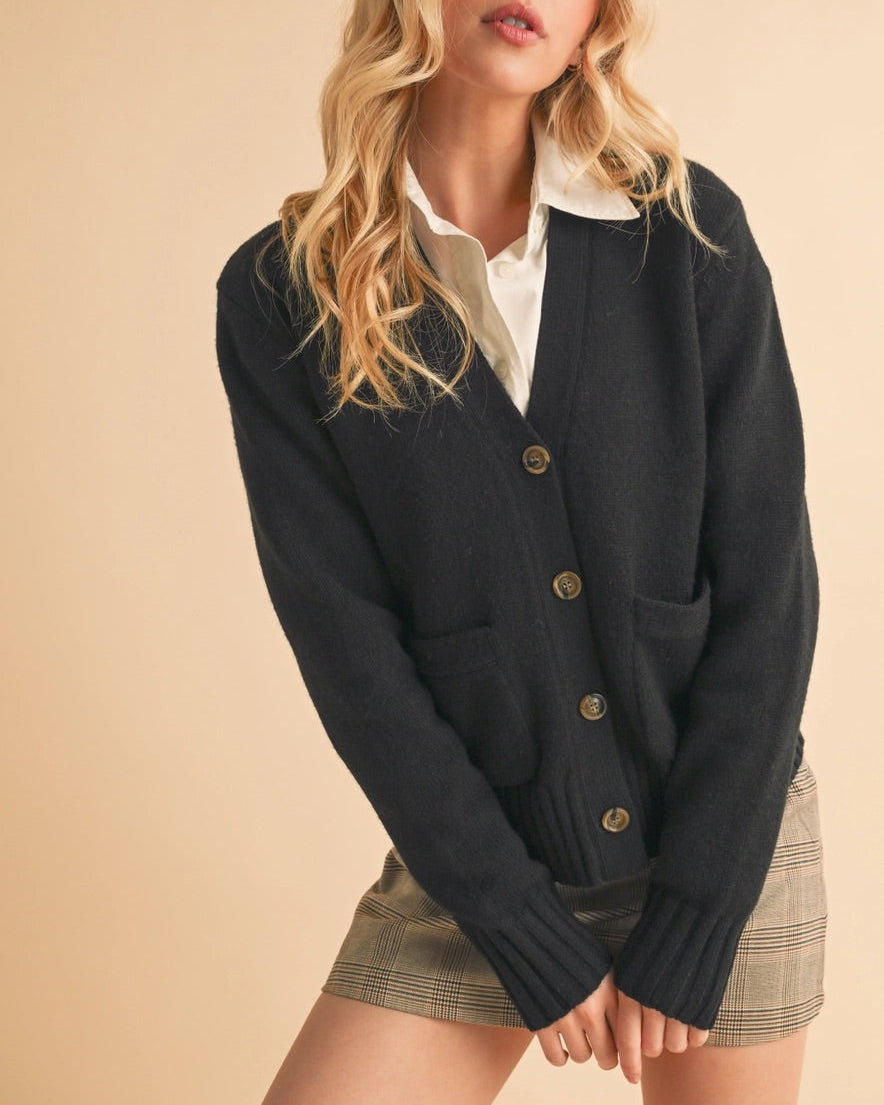 Classic Black button-up cardigan with front pockets and a slightly oversized fit.