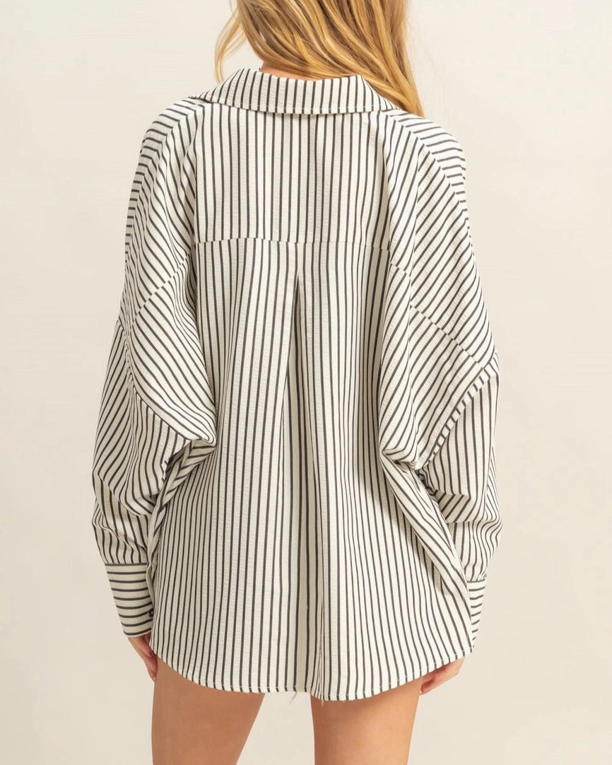 Black and white textured 100% cotton classic striped button-up shirt with drop shoulders and an oversized fit.