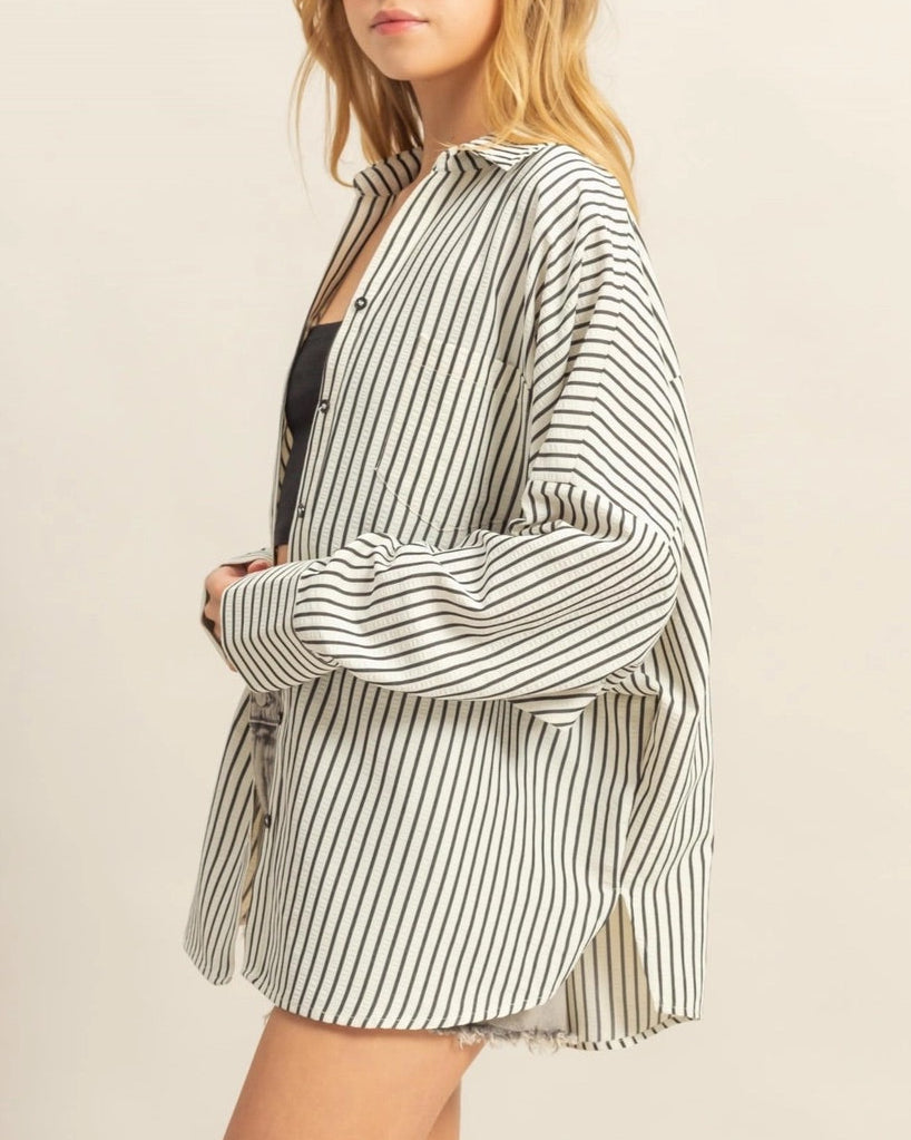 Black and white textured 100% cotton classic striped button-up shirt with drop shoulders and an oversized fit.