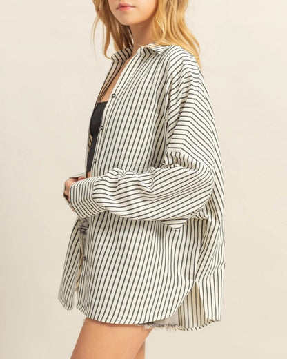 Black and white textured 100% cotton classic striped button-up shirt with drop shoulders and an oversized fit.