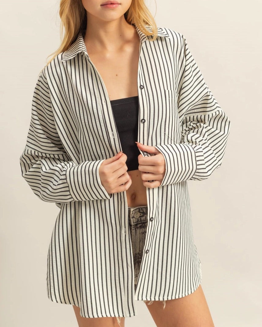 Black and white textured 100% cotton classic striped button-up shirt with drop shoulders and an oversized fit.