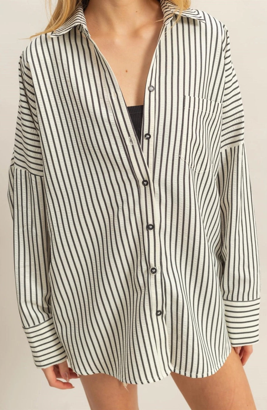 Black and white textured 100% cotton classic striped button-up shirt with drop shoulders and an oversized fit.