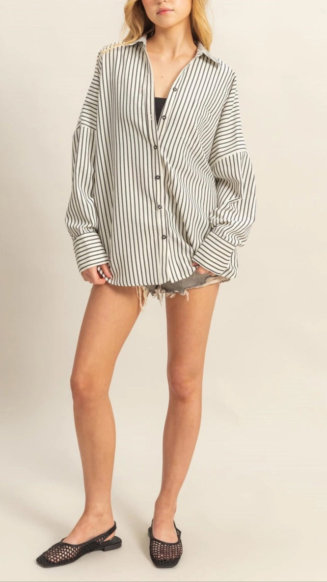 Black and white textured 100% cotton classic striped button-up shirt with drop shoulders and an oversized fit.