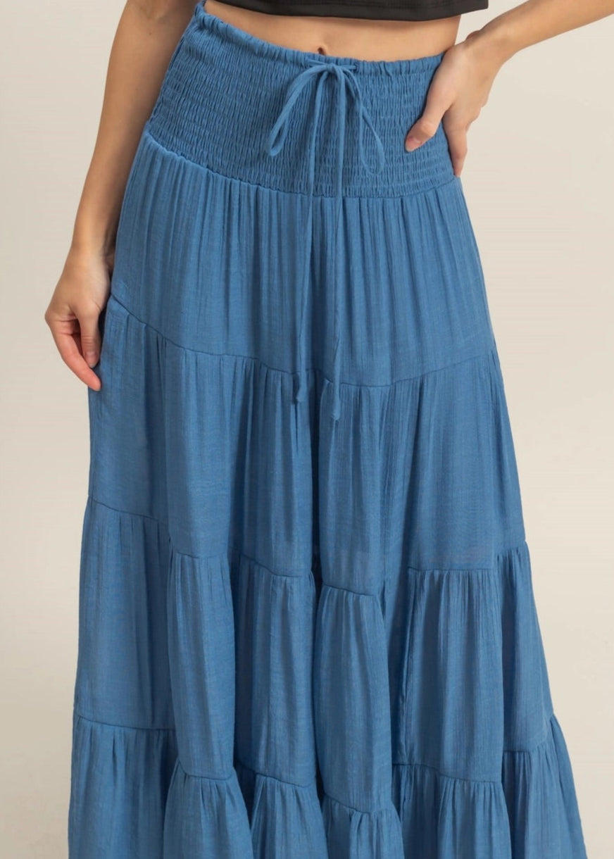 Flowy Blue Tiered Maxi Skirt with Smocked Waist and Tie