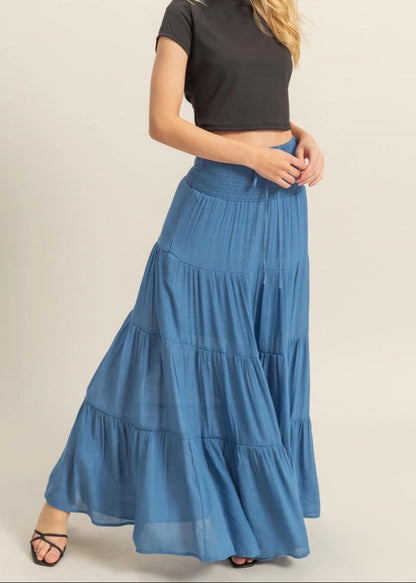 Flowy Blue Tiered Maxi Skirt with Smocked Waist and Tie