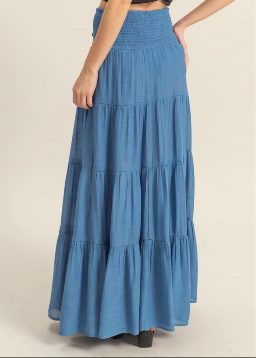 Flowy Blue Tiered Maxi Skirt with Smocked Waist and Tie