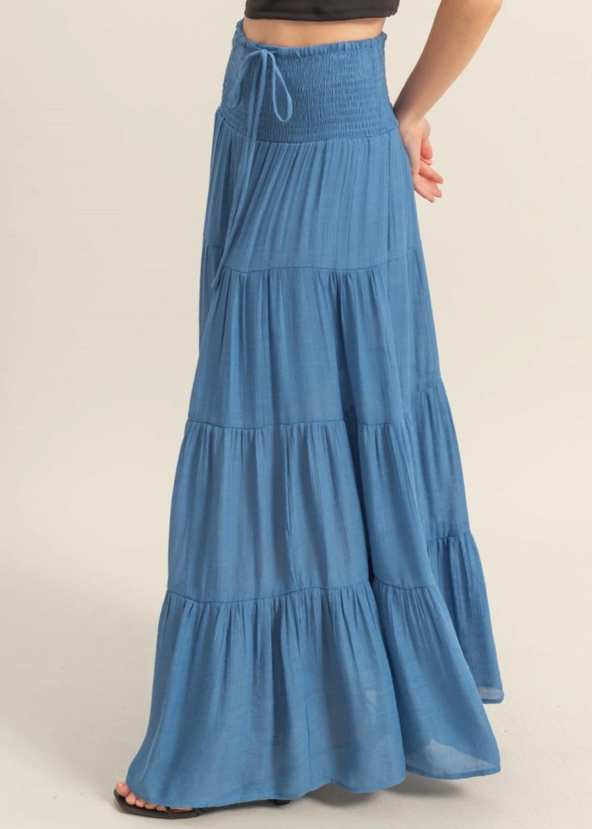 Flowy Blue Tiered Maxi Skirt with Smocked Waist and Tie