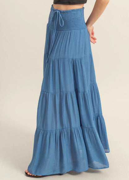 Flowy Blue Tiered Maxi Skirt with Smocked Waist and Tie