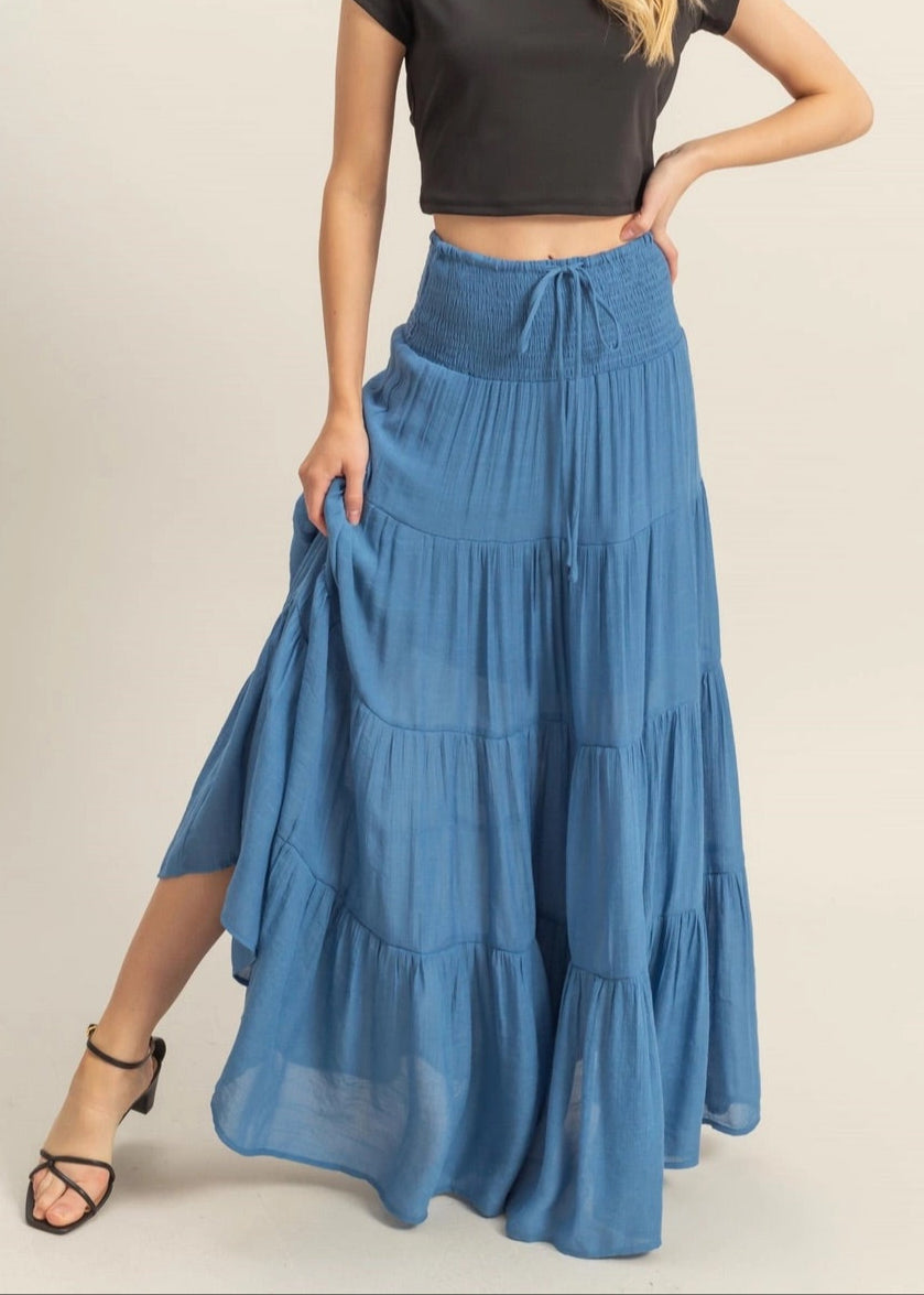 Flowy Blue Tiered Maxi Skirt with Smocked Waist and Tie