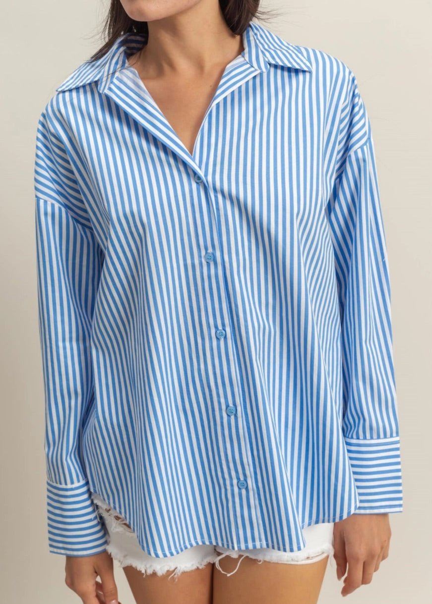 Blue and white striped 100% cotton button-up shirt with a collar and long sleeves.