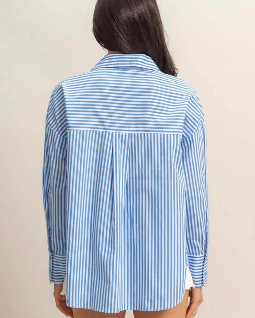 Blue and white striped 100% cotton button-up shirt with a collar and long sleeves.