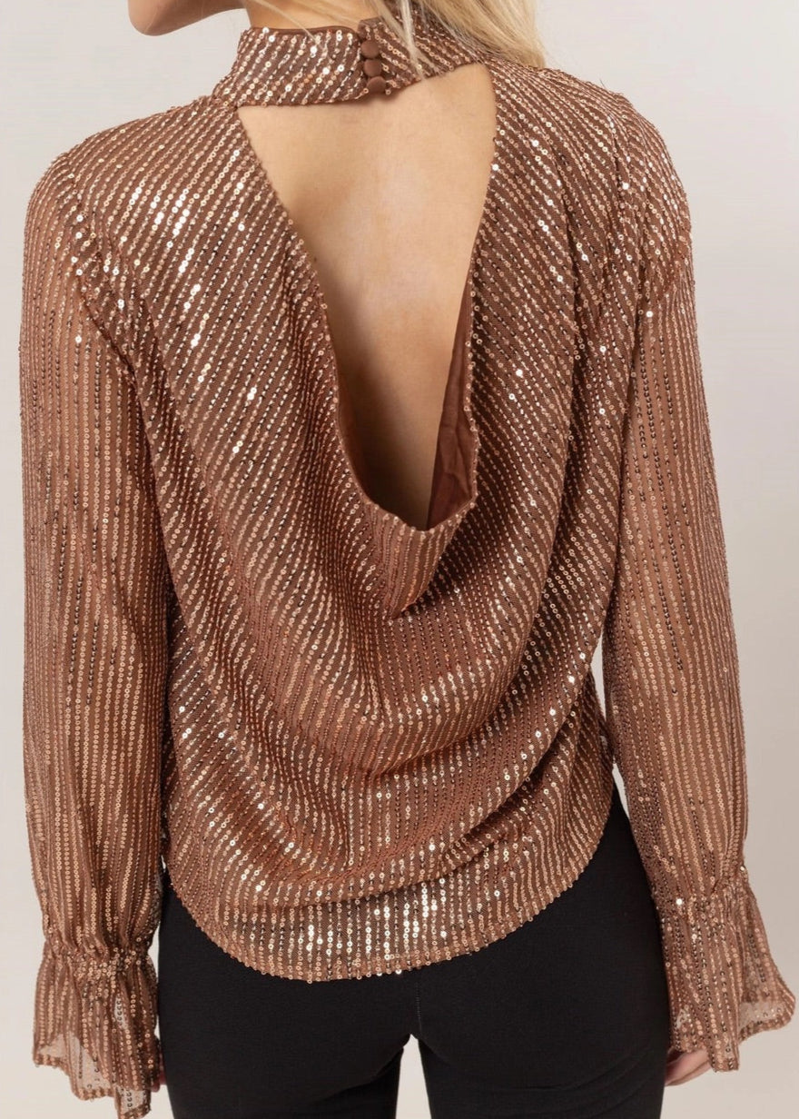 Luxe Bronze Sequin Draped Back Blouse