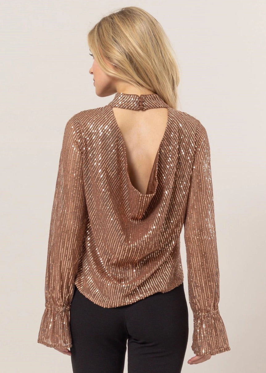 Luxe Bronze Sequin Draped Back Blouse