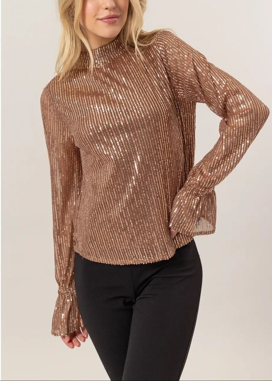 Luxe Bronze Sequin Draped Back Blouse