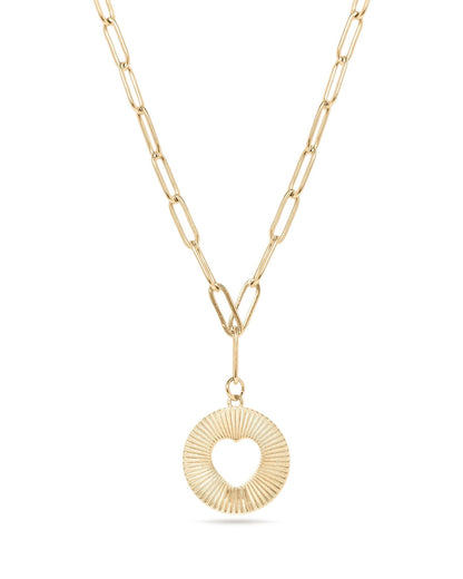 Gold Waterproof Paperclip Chain Necklace with cutout Heart and Sunburst Pendant.