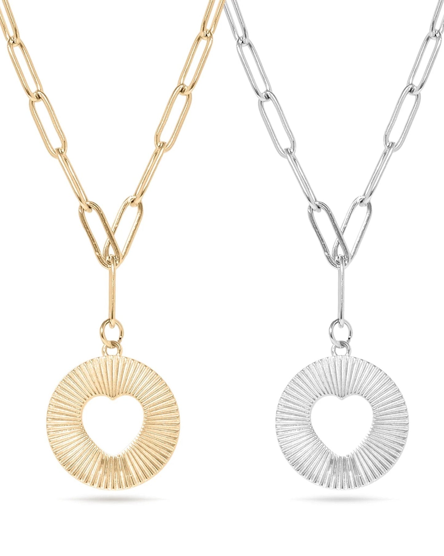 One Gold and one Silver Waterproof Paperclip Chain Necklace with cutout Heart and Sunburst Pendant.