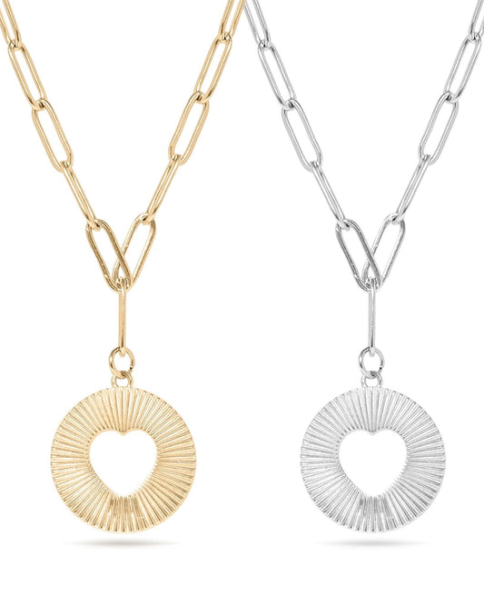 One Gold and one Silver Waterproof Paperclip Chain Necklace with cutout Heart and Sunburst Pendant.