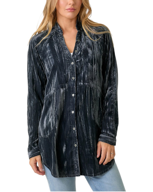 Woman wearing a Charcoal Velvet Long Sleeve Tunic Top. 