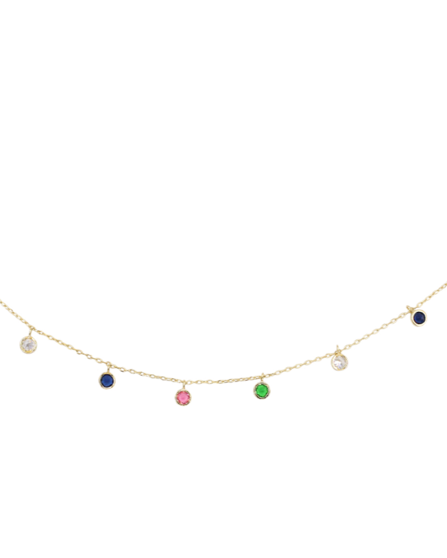 14K gold choker necklace with colorful circle CZ gemstones on an adjustable chain. 