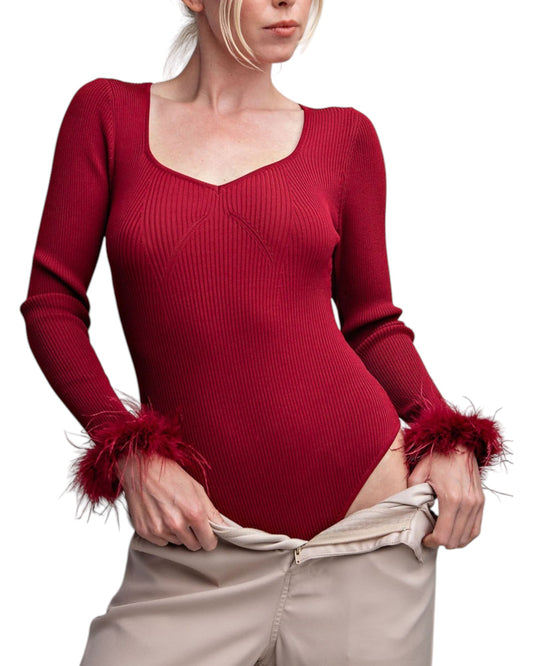 Cranberry Long Sleeve Feather Cuff Bodysuit