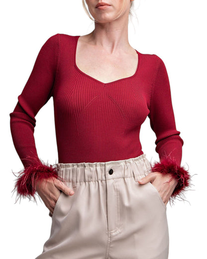 Cranberry Long Sleeve Feather Cuff Bodysuit