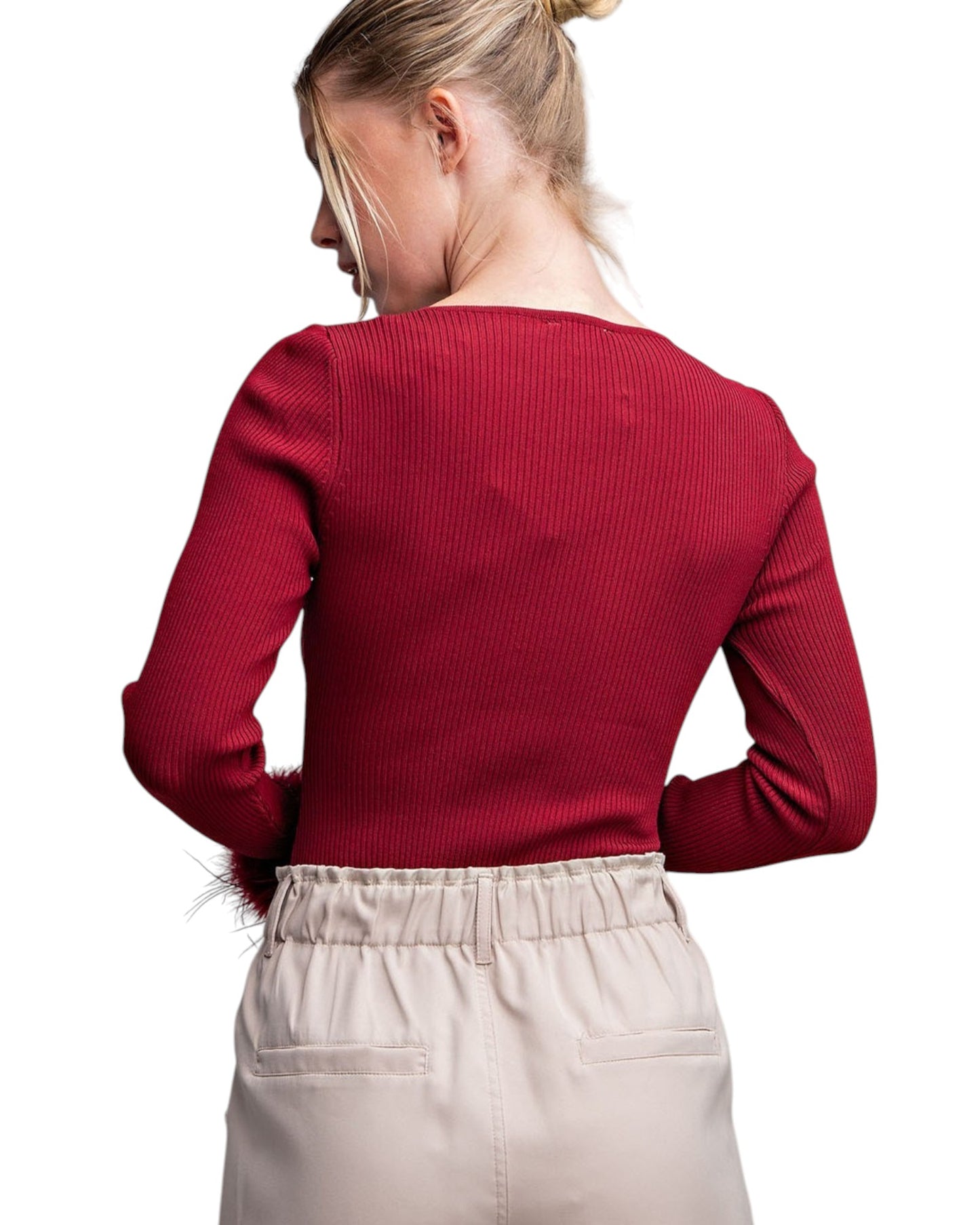 Cranberry Long Sleeve Feather Cuff Bodysuit