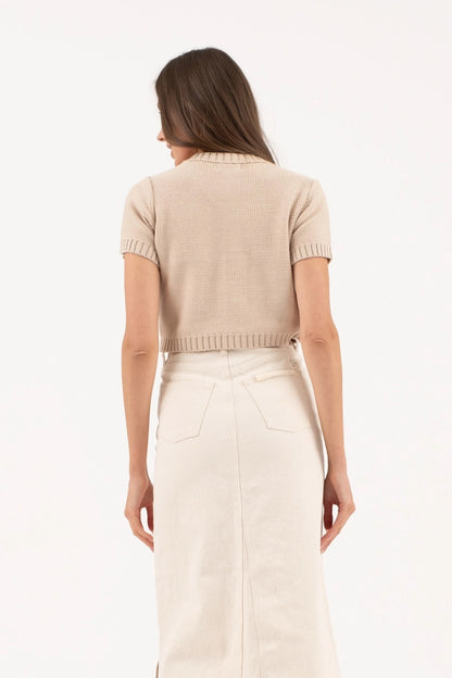 Taupe cropped knit cardigan with gold button hardware, short sleeves, and ribbed trim details.