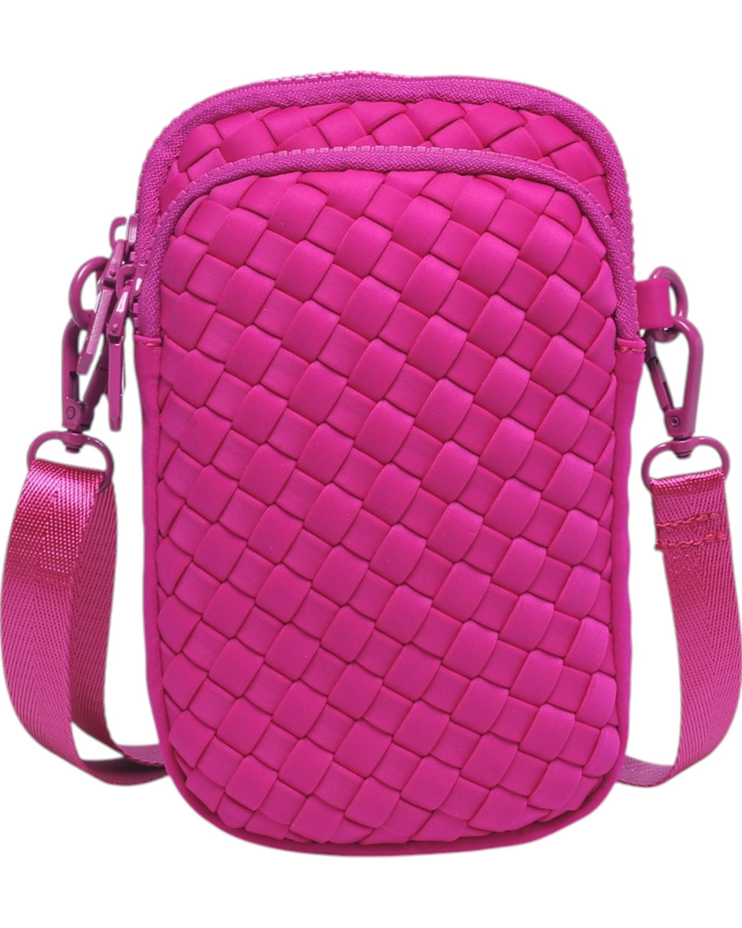 Compact neoprene cell phone crossbody bag with three zippered compartments and adjustable strap in Fuchsia.