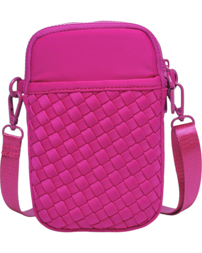 Compact neoprene cell phone crossbody bag with three zippered compartments and adjustable strap in Fuchsia.