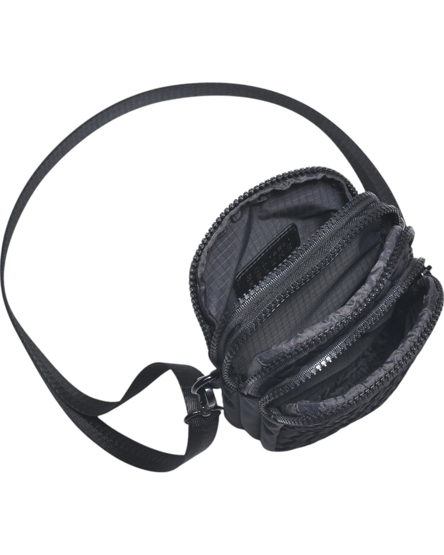 Compact neoprene cell phone crossbody bag with three zippered compartments and adjustable strap in Black.