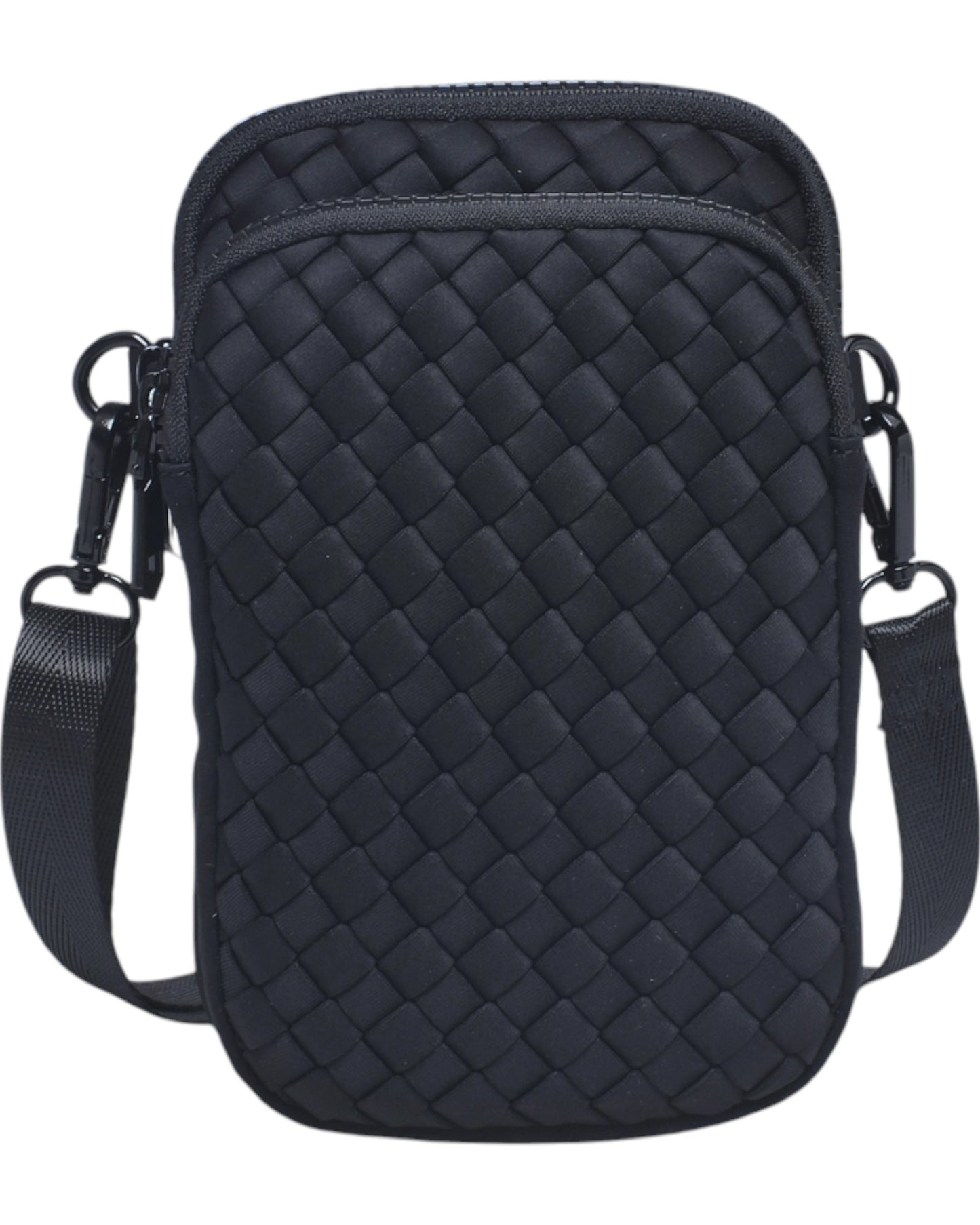 Compact neoprene cell phone crossbody bag with three zippered compartments and adjustable strap in Black.