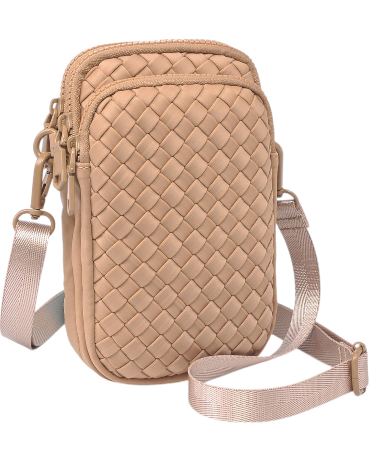 Compact neoprene cell phone crossbody bag with three zippered compartments and adjustable strap in Nude.