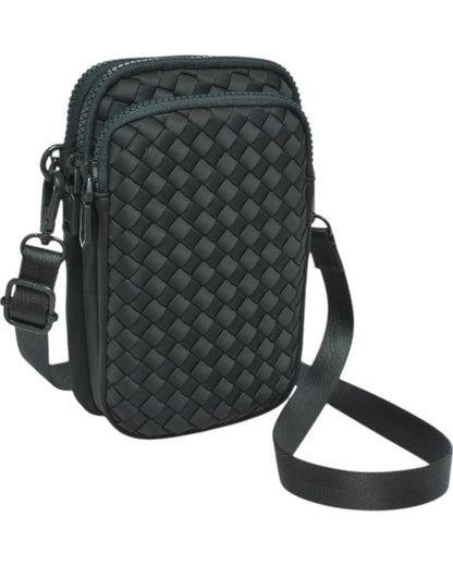 Compact neoprene cell phone crossbody bag with three zippered compartments and adjustable strap in Black.