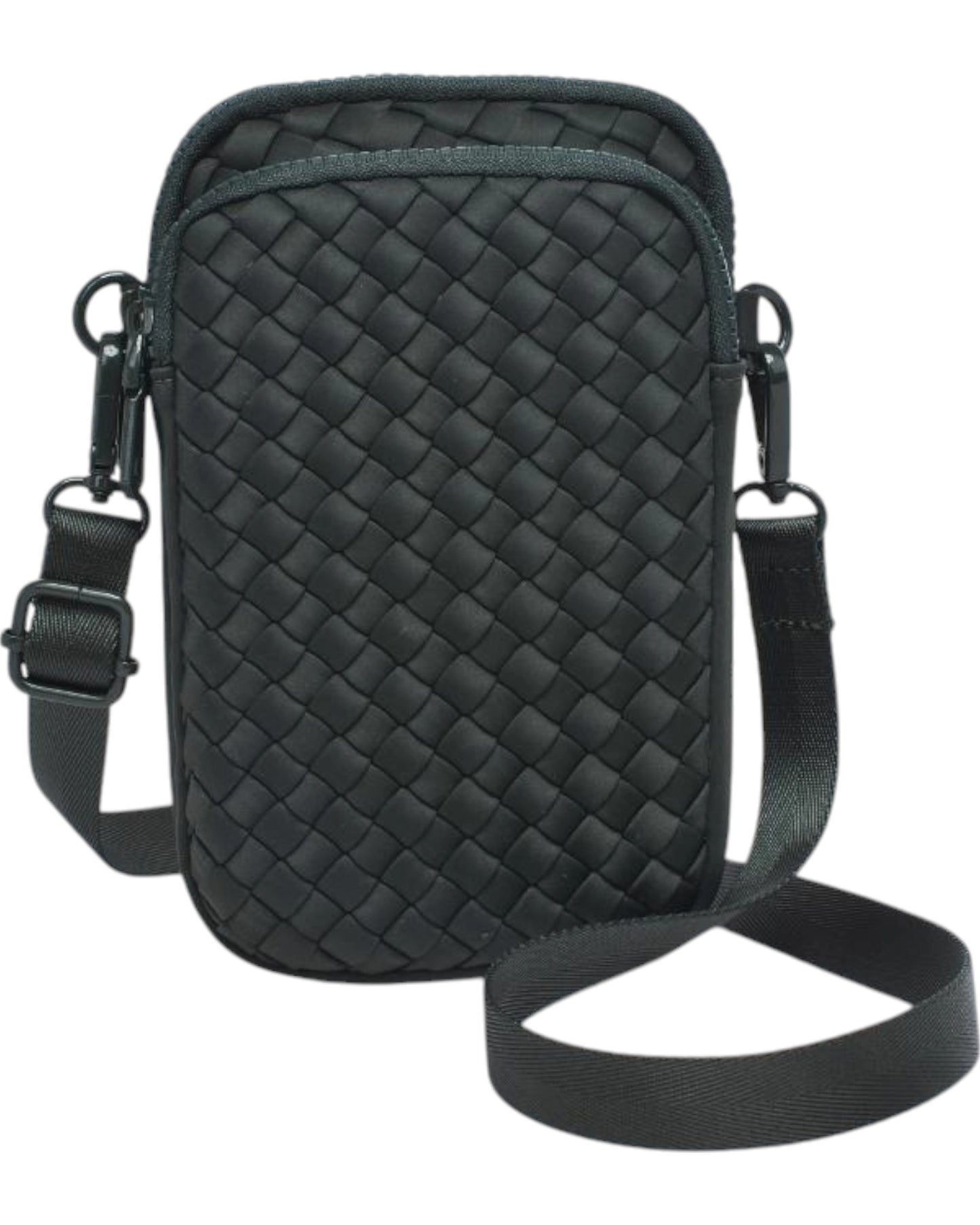 Compact neoprene cell phone crossbody bag with three zippered compartments and adjustable strap in Black.