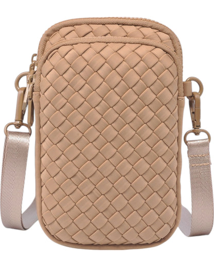 Compact neoprene cell phone crossbody bag with three zippered compartments and adjustable strap in Nude.