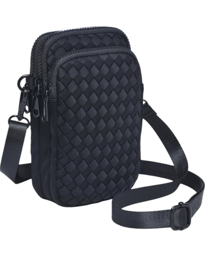 Compact neoprene cell phone crossbody bag with three zippered compartments and adjustable strap in Black.