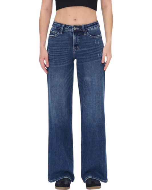 Easy Fit Mid-Rise Wide Leg Jeans - Dark Blue