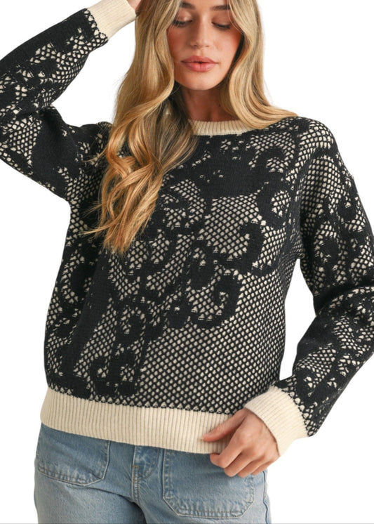 Black and Cream Lace Knit Sweater