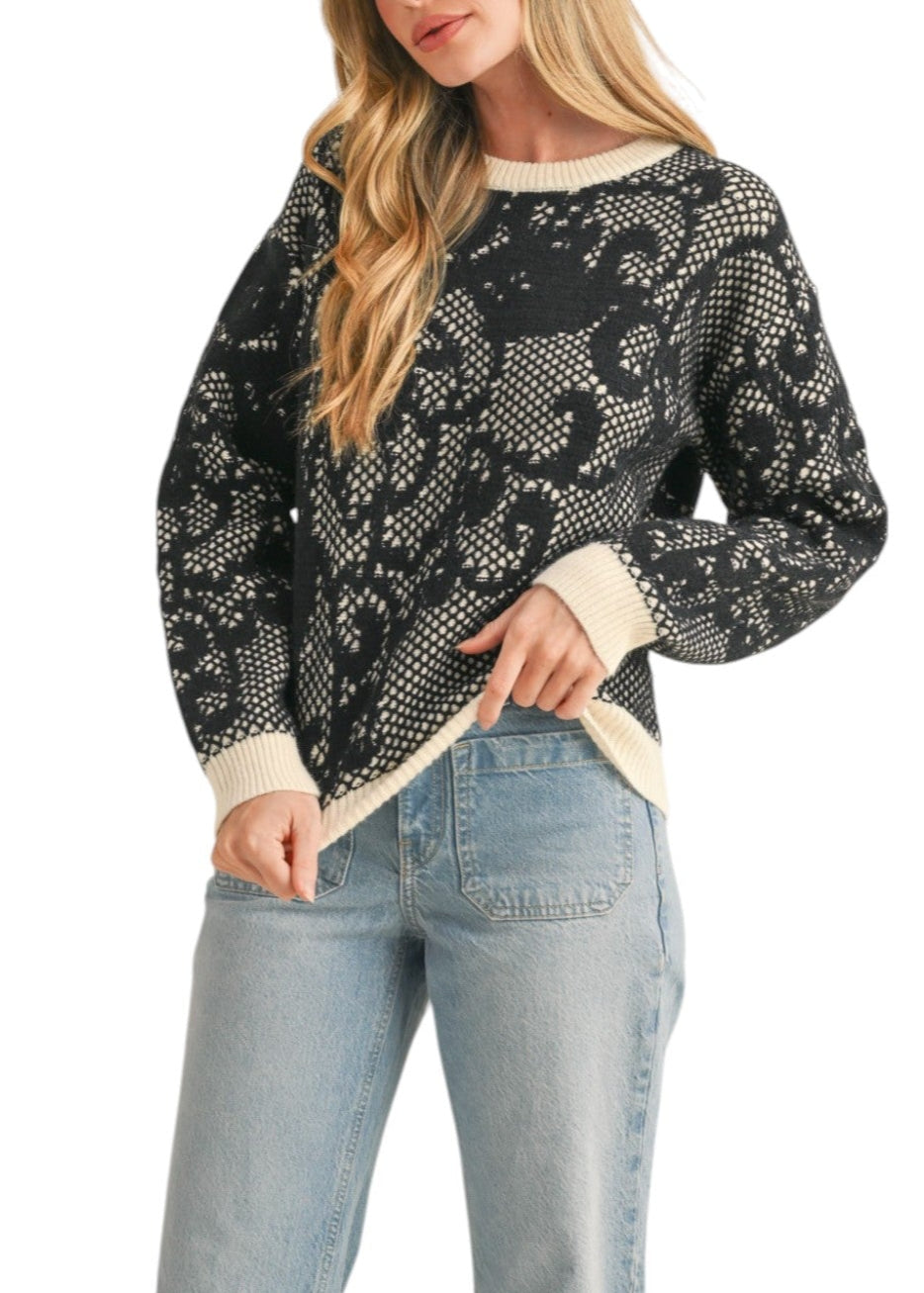 Black and Cream Lace Knit Sweater