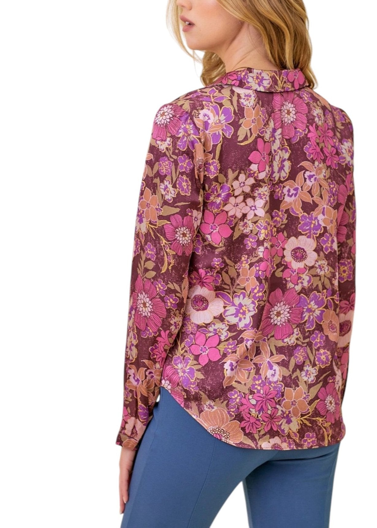 Moody Fuchsia and Floral Mix Front Tie Satin Blouse