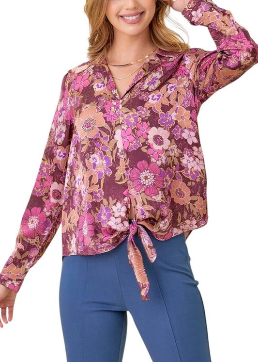 Moody Fuchsia and Floral Mix Front Tie Satin Blouse