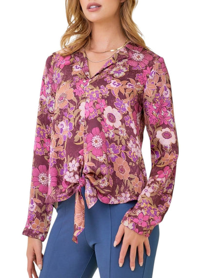 Moody Fuchsia and Floral Mix Front Tie Satin Blouse